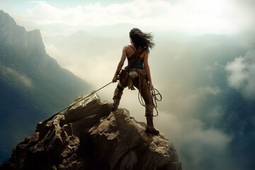 Ai generative illustration of woman climbing a mountain in the peak at sunset enjoying the views