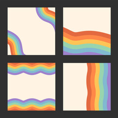 Vector set of retro backgrounds with rainbow colored stripes and copy space. Abstract groovy banners for LGBT pride month. Flyer template, social media post. Collection of cards for the pride month