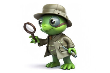 Obraz premium Captivating mascot image of a green detective turtle adorned with a trench coat and magnifying glass, investigating against an appealing white background. Generative AI