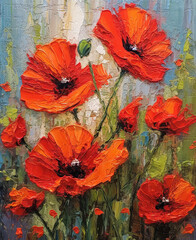 Drawn red poppies close-up on a summer meadow.