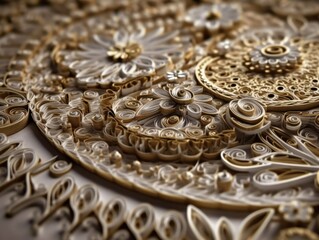 Paper made Quilling craft technic white and gold abstract background lines Created with Generative AI technology