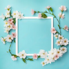 White frame on a blue background with cherry blossoms surrounding it.