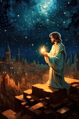 Illustration of Jesus on top of a hill holding a light effect and looking at the city Generative AI Illustration