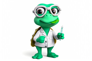 Green turtle mascot with shell on white background. She's a scientist, wearing a lab coat and holding a test tube. White background. Generative AI