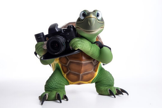 Captivating green turtle mascot, skillfully holding a camera, showcases its charming photographer persona against a pristine white background. Evoke emotions and stand out! Generative AI