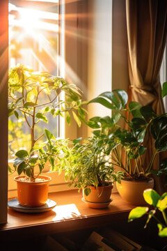 generative AI green plants close to window in a sunny day