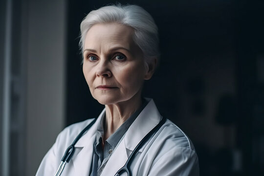 Generative AI Illustration Of Serious Elderly Female Doctor In Medical Uniform With Stethoscope Looking At Camera Against Dark Background In Hospital