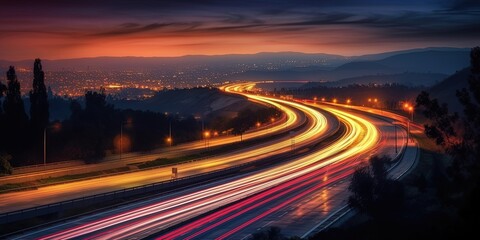 Fototapeta na wymiar A long exposure photo of a highway at night