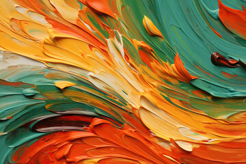 Generative AI illustration of abstract painting in warm colors - orange, green, and yellow
