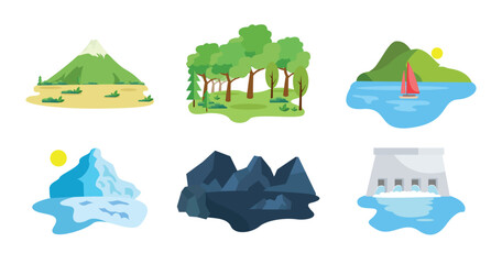 Different types of natural resources vector illustrations set.