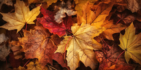Naklejka na ściany i meble orange autumn background with fallen golden maple leaves. Generative AI