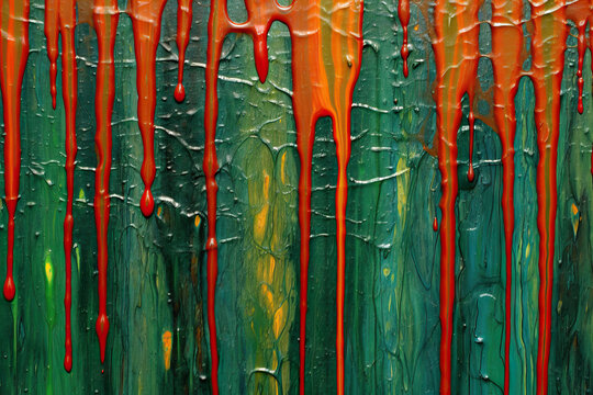 Generative AI illustration of painting of green and orange dripping paint