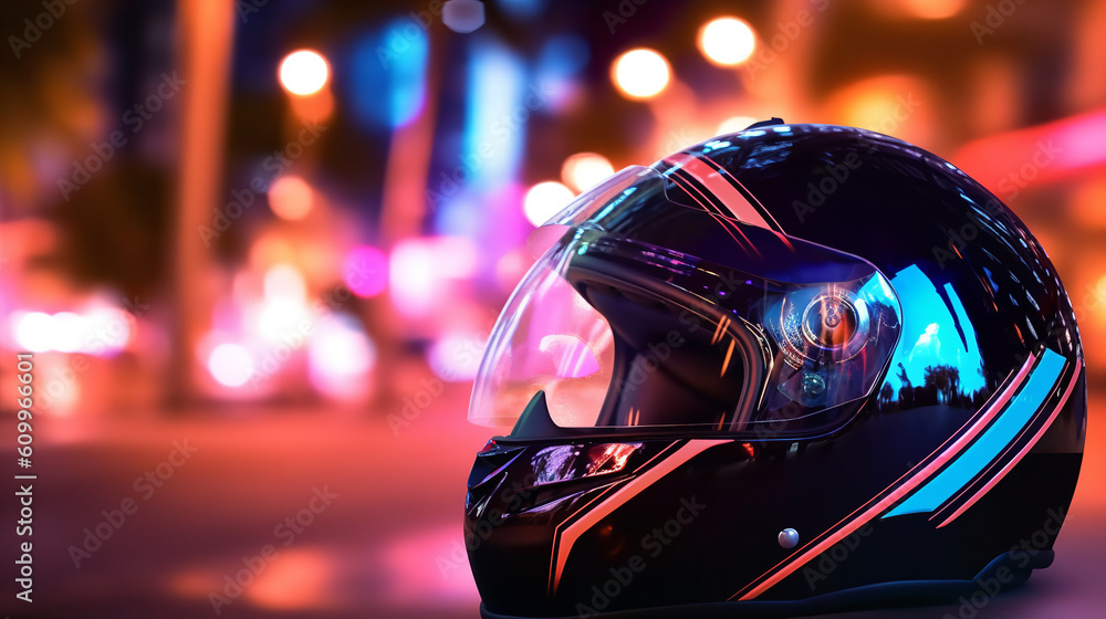 Sticker motorcyclist helmet on a motorcycle seat in a night city close up photo