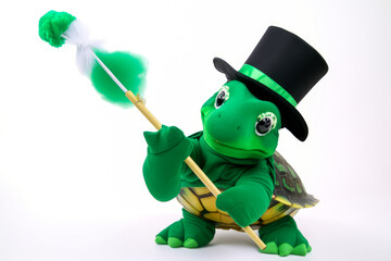 Captivating green turtle mascot with a magician vibe, sporting a top hat and waving a magic wand on a white background - sparking emotions and imagination. Generative AI