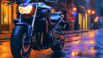 A motorcycle in the night city close up photo