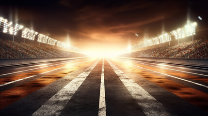 Obraz premium Asphalt racing track finish line with cheering fans and illuminated floodlights