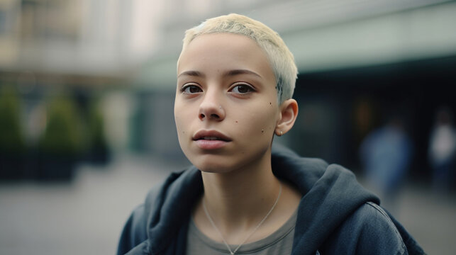 Generative AI illustration of thoughtful young non binary person with short blond hair looking at camera against blurred background