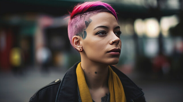 Generative AI illustration of thoughtful non binary person with bright pink short hair and tattoo on head looking away pensively