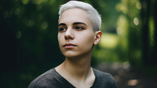 Generative AI Illustration of Hispanic Non-binary person with white hair looking away against blurred background