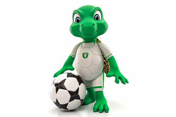 Fototapeta premium A green turtle mascot with a distinctive shell and soccer outfit, playing with a ball against a white background. Ideal for creating a sporty, dynamic atmosphere. Generative AI