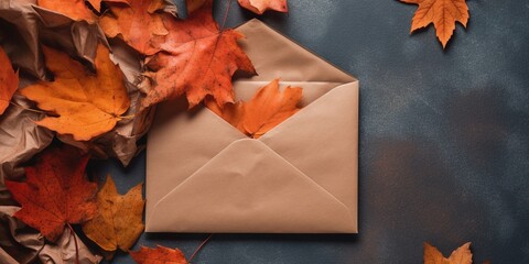 Autumn flat lay, fall background with kraft paper envelope and oak leaves
