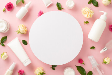 Calming rose skincare concept. Top view flat lay of pump bottle, pipette, cream bottles and tubes...