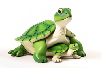Fototapeta premium The protective green turtle mother and child on a white background. A soft, affectionate image giving the projects an air of family tenderness. Generative AI