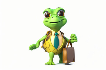 Obraz premium Captivating turtle mascot in business attire, featuring a female business turtle with carapace, dressed in suit and holding briefcase on white background. Emotionally appealing! Generative AI