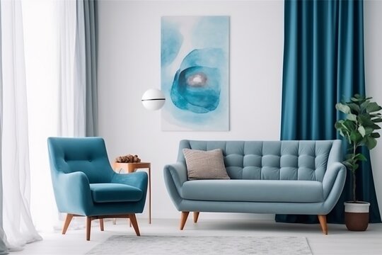 Contemporary Interior with Blue Sofa and Curtains. Generative AI