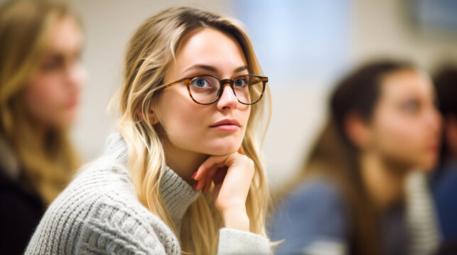 a female student with glasses in a lecture room, fictional person created with generative ai