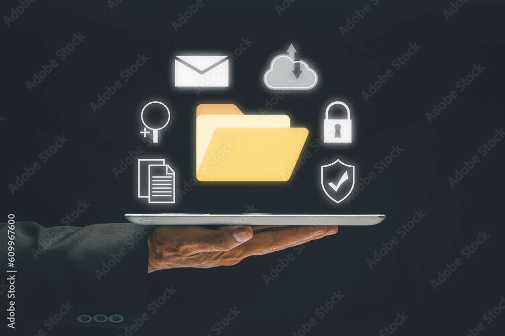 Poster document management system (dms), business hand holding tablet with folder and document icon on virt