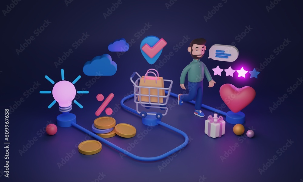 Aufkleber customer journey map with idea, purchase and feedback stages 3d illustration. buyer shopping process