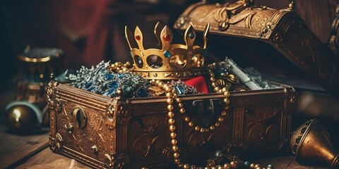 Beautiful queen or king crown and a gold treasure chest. vintage filtered.