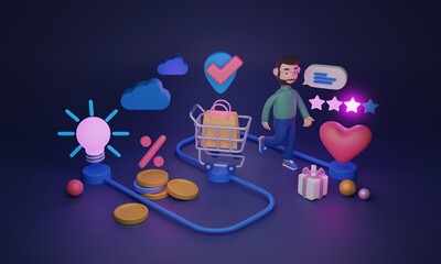 Customer journey map with idea, purchase and feedback stages 3D illustration. Buyer shopping process with marketing steps from consideration to sale and satisfaction rating in three dimensional scheme