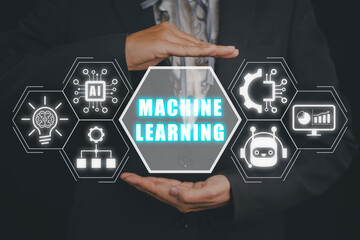 Machine learning concept, Businessman hand holding machine learning icon on virtual screen.