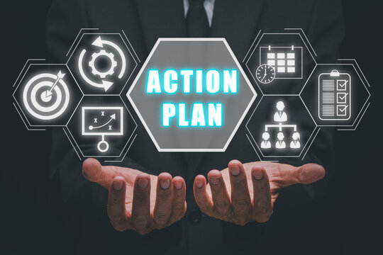 Action Plan Strategy Vision Planning Direction Concept, Business Person Hand Holding Action Plan Icon On Virtual Screen.