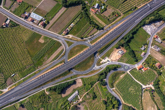 Drone view of roads with exit points from main highway