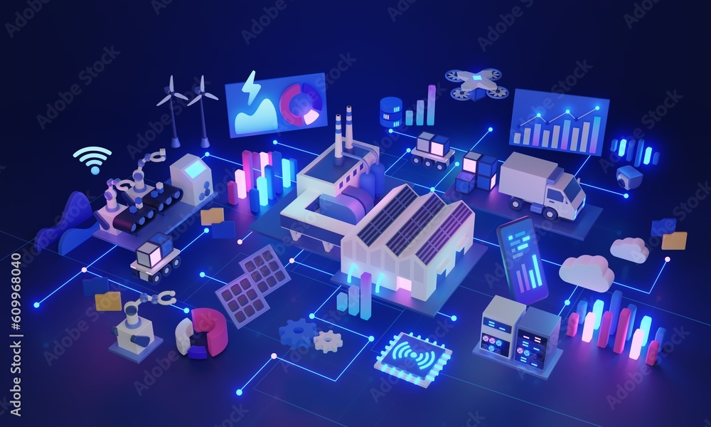 Aufkleber industrial iot data or internet of things for manufacturing 3d illustration. three dimensional scene