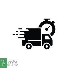 Fast delivery icon. Simple solid style. Truck with clock, stopwatch, express, quick time service concept. Black silhouette, glyph symbol. Vector illustration isolated on white background. EPS 10.