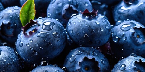Blueberry macro texture, blueberries wet with water drops closeup