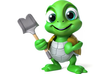 Obraz premium Charming green turtle mascot with tool belt and trowel, depicting a skilled builder on a clean white background. Evokes feelings of trustworthiness and dedication. Generative AI