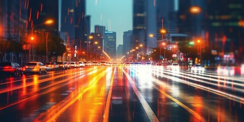 Blurry lights of road traffic at night, abstract unfocused cityscape background