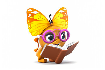 Charming butterfly mascot wearing glasses and reading a book, evoking emotions of wisdom and curiosity on a white background. A perfect visual asset to captivate your audience! Generative AI