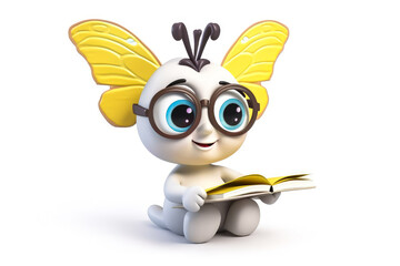 A smiling, wide-eyed mascot, reading a book and wearing glasses set against a beautiful white background; emotional and graphic communication at its best. Generative AI
