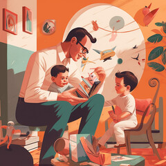 Set of Fathers Day illustrations depict dads taking care