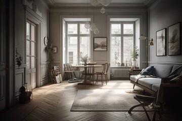 Beautiful interior, scandinavian style decoration with large windows, bright daylight. Generative Ai - obrazy, fototapety, plakaty