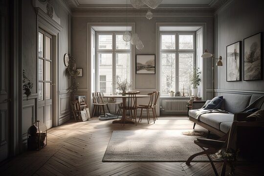 Fototapeta Beautiful interior, scandinavian style decoration with large windows, bright daylight. Generative Ai