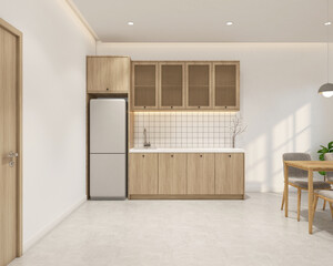 Modern japan style kitchen room decorated with kitchen cabinet and dining table set, white wall and polished floor. 3d rendering