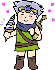 ウキウキしながらアイスを食べる勇者のイラスト