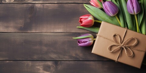 Bouquet of tulips and gift box on wooden rustic background